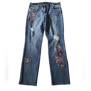 Embroidered Boyfriend Jeans - Blue